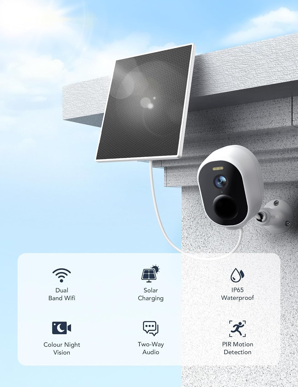 GNCC 2K Wifi-camera voor buiten, draadloos, met zonnepaneel, buitencamera met nachtzicht in kleur, bidirectionele audio, PIR-alarm, werkt met Alexa, 2,4 G/5 GHz wifi, IP65
