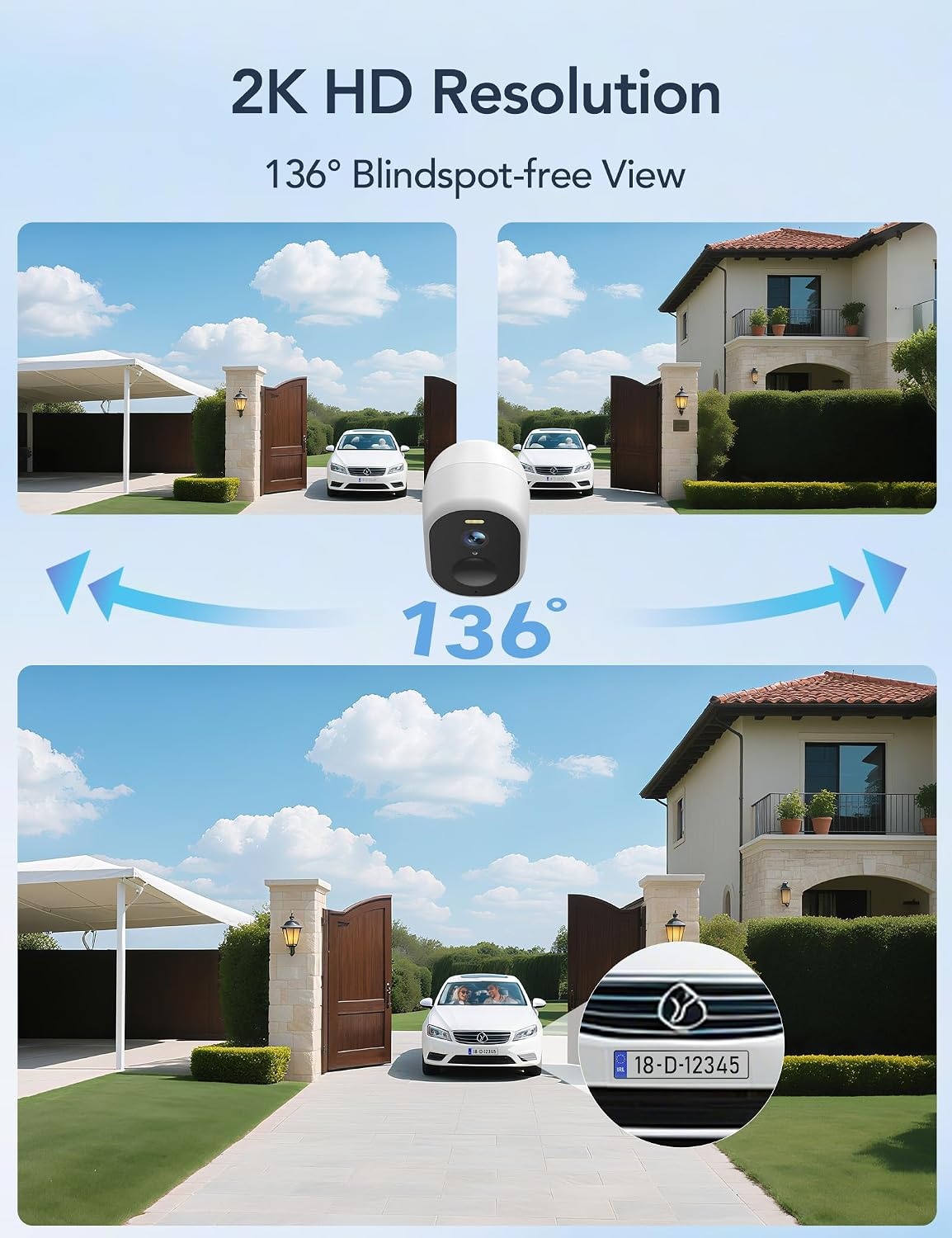 GNCC 2K Wifi-camera voor buiten, draadloos, met zonnepaneel, buitencamera met nachtzicht in kleur, bidirectionele audio, PIR-alarm, werkt met Alexa, 2,4 G/5 GHz wifi, IP65