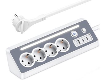 Stekkerdoos met USB en 2 type C, 4-voudig hoekstopcontact, meervoudige stekkerdoos met led, meervoudige stekker, overspanningsbeveiliging, 3680 W, 16 A, stekkerdoos met schakelaar, hoekstekkerdoos