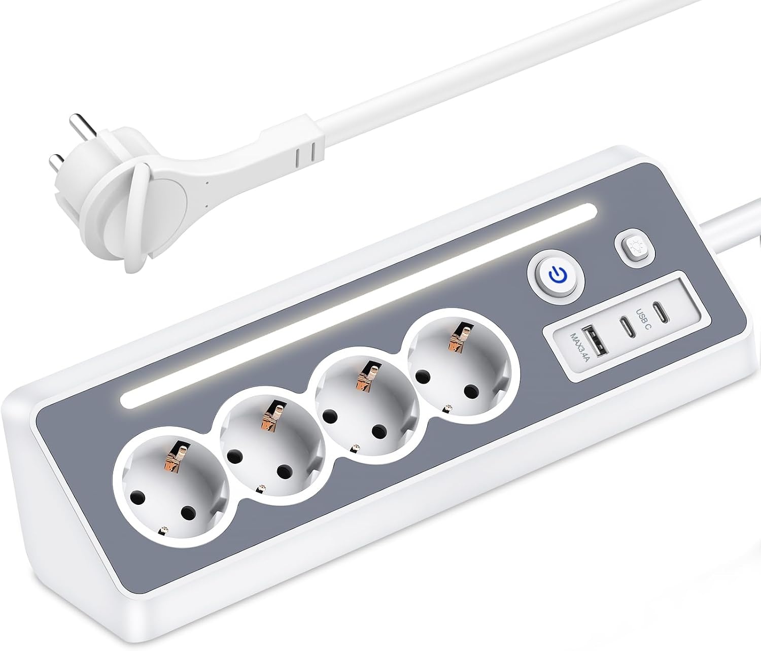 Stekkerdoos met USB en 2 type C, 4-voudig hoekstopcontact, meervoudige stekkerdoos met led, meervoudige stekker, overspanningsbeveiliging, 3680 W, 16 A, stekkerdoos met schakelaar, hoekstekkerdoos