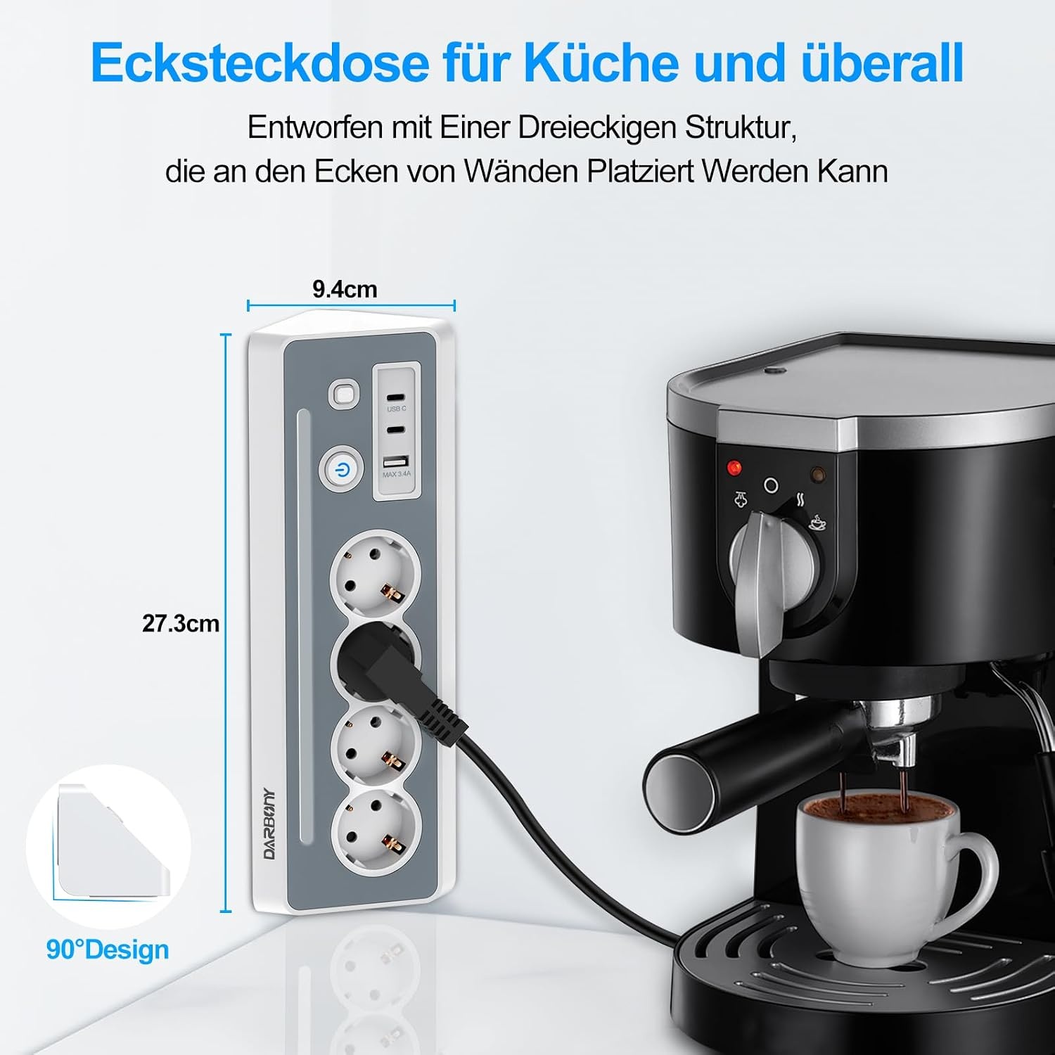 Stekkerdoos met USB en 2 type C, 4-voudig hoekstopcontact, meervoudige stekkerdoos met led, meervoudige stekker, overspanningsbeveiliging, 3680 W, 16 A, stekkerdoos met schakelaar, hoekstekkerdoos