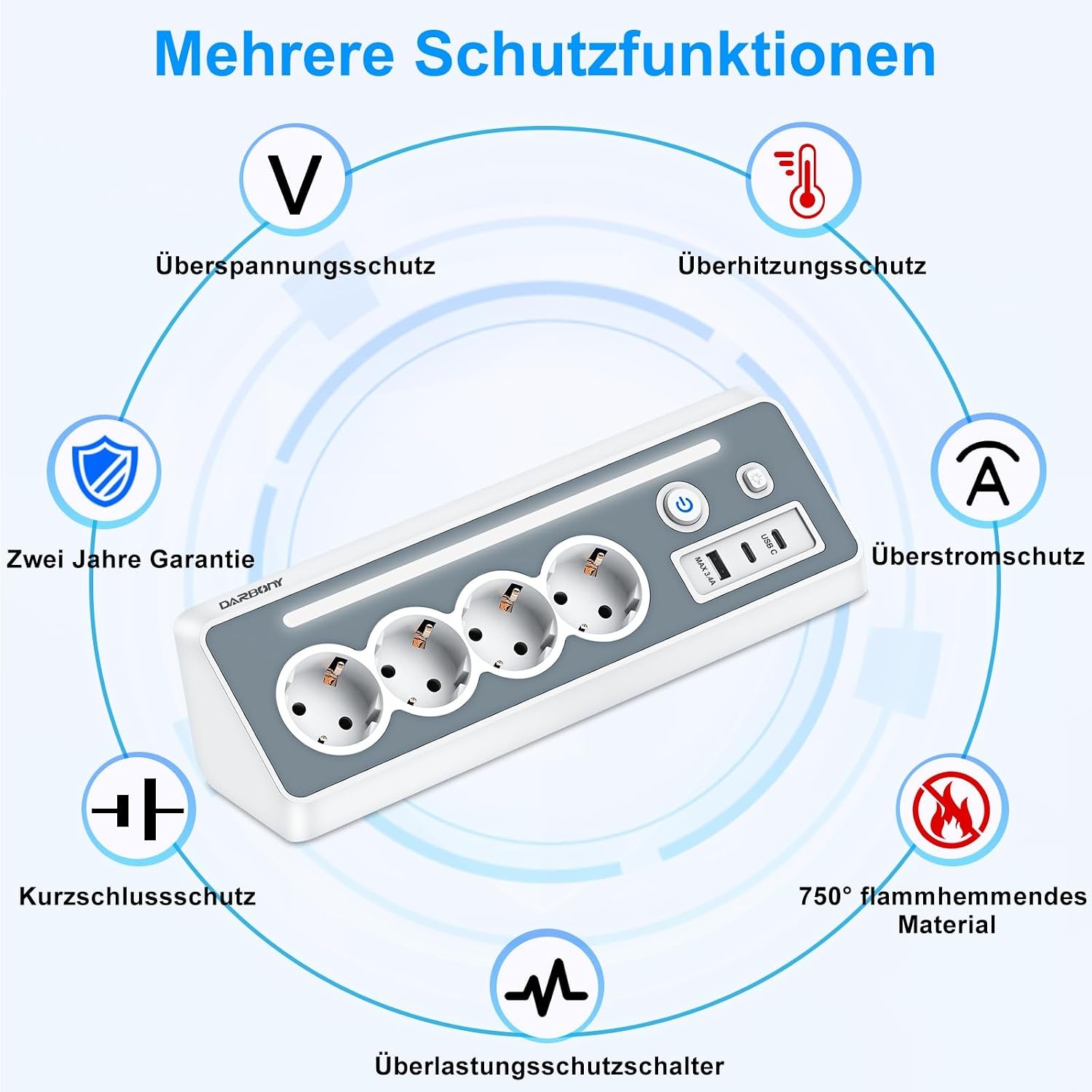 Stekkerdoos met USB en 2 type C, 4-voudig hoekstopcontact, meervoudige stekkerdoos met led, meervoudige stekker, overspanningsbeveiliging, 3680 W, 16 A, stekkerdoos met schakelaar, hoekstekkerdoos