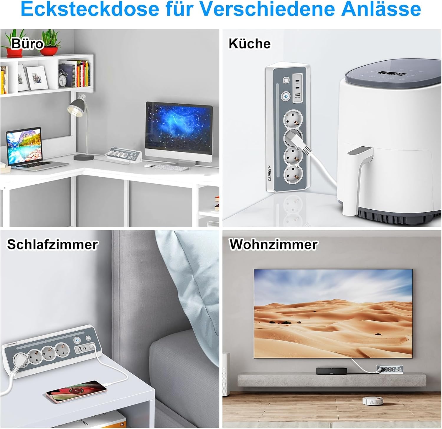 Stekkerdoos met USB en 2 type C, 4-voudig hoekstopcontact, meervoudige stekkerdoos met led, meervoudige stekker, overspanningsbeveiliging, 3680 W, 16 A, stekkerdoos met schakelaar, hoekstekkerdoos