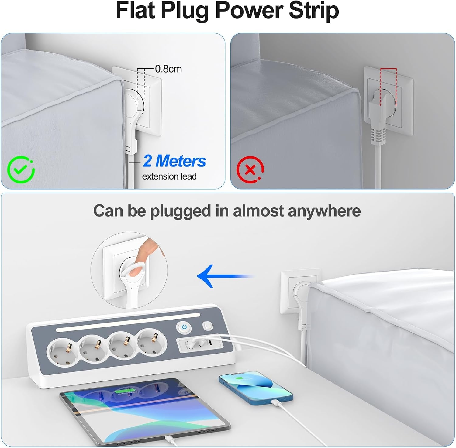 Stekkerdoos met USB en 2 type C, 4-voudig hoekstopcontact, meervoudige stekkerdoos met led, meervoudige stekker, overspanningsbeveiliging, 3680 W, 16 A, stekkerdoos met schakelaar, hoekstekkerdoos