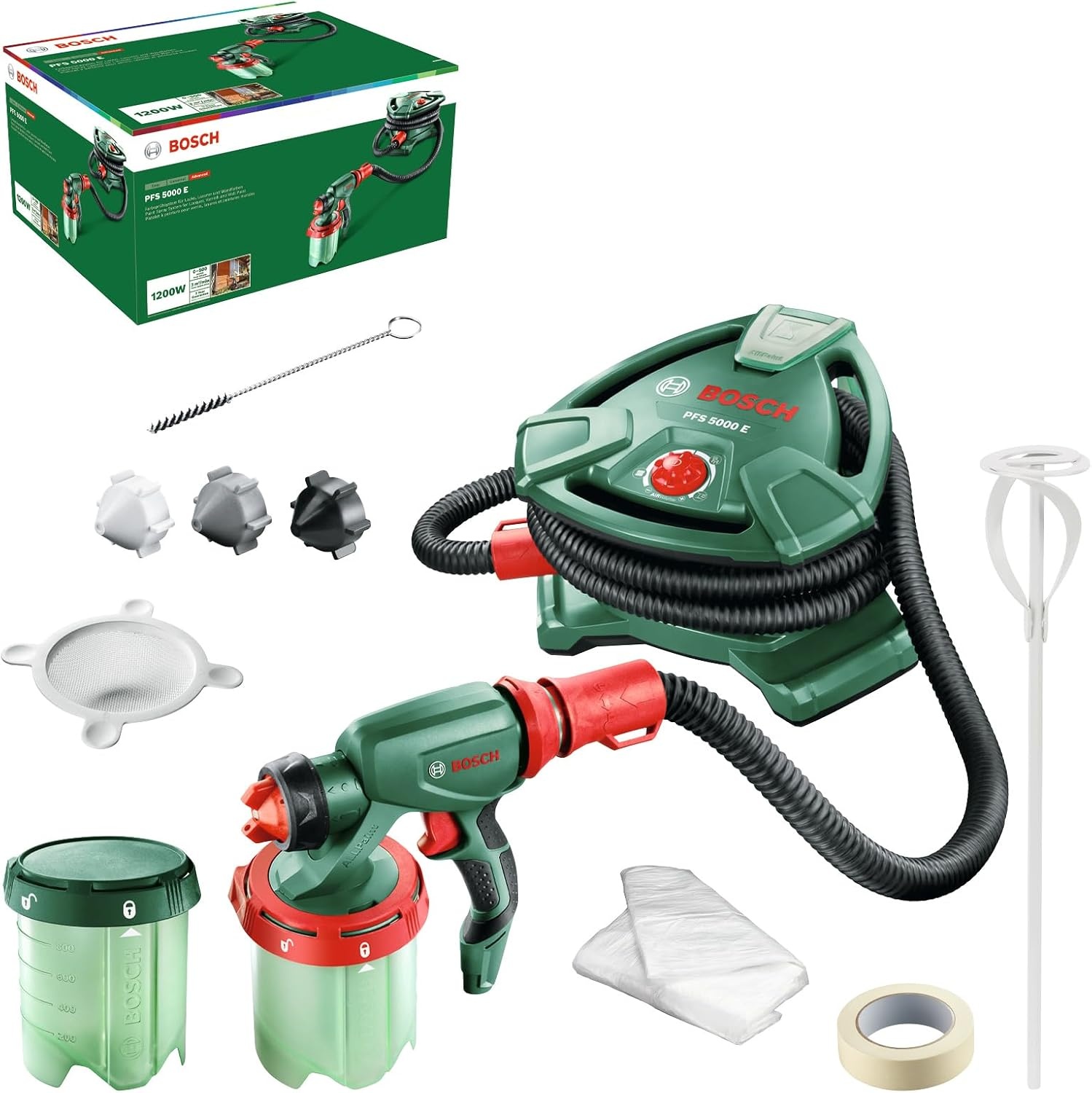 Bosch verfspuitsysteem PFS 5000 E (1200 W, 2x verfbekers 1000 ml, mondstukken voor muurverf, lak, lazuurverf)