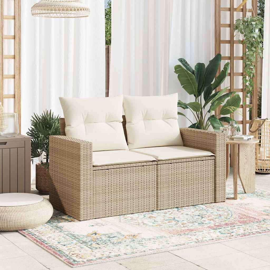 vidaXL Tuinbank 2-zits met kussens poly rattan beige