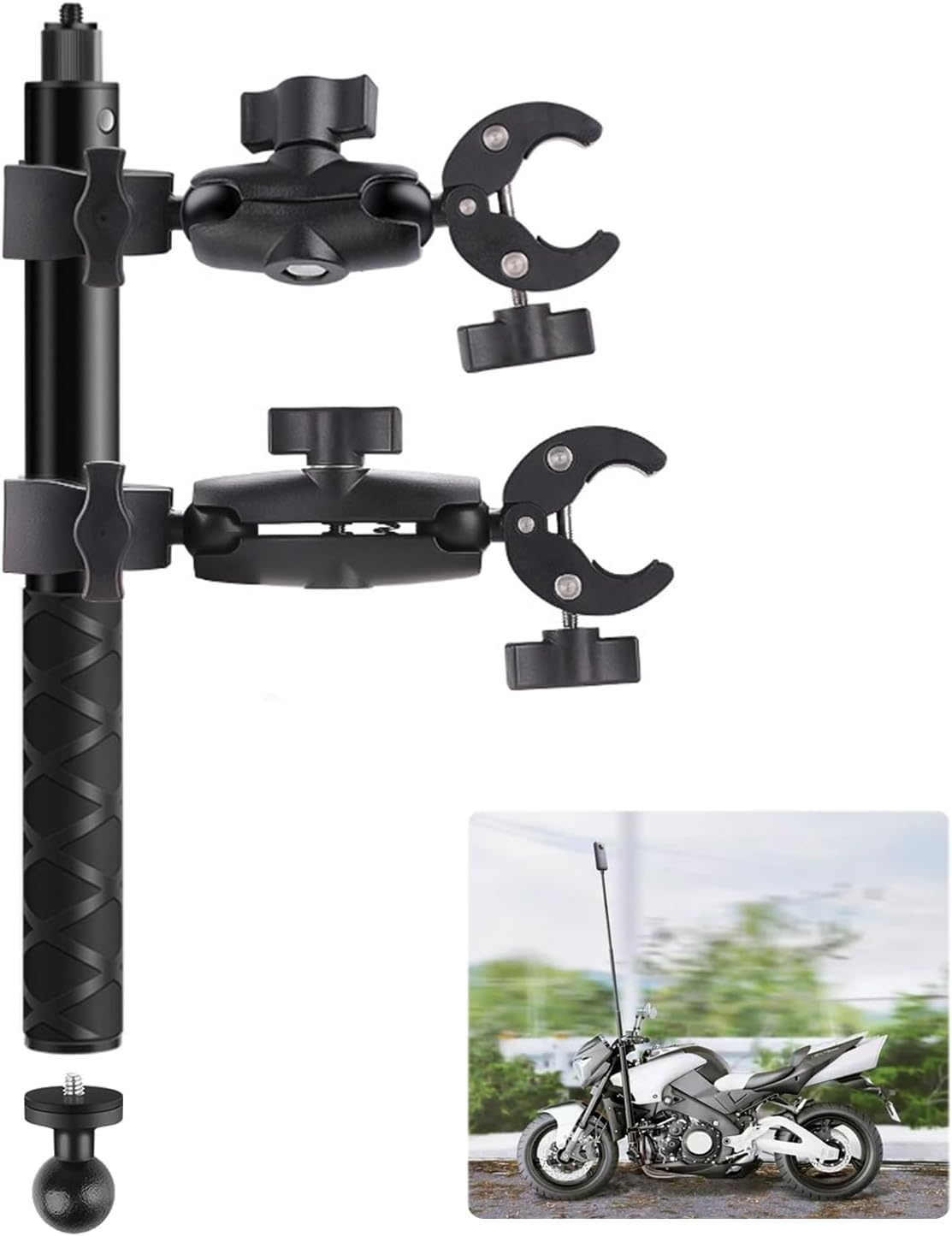 Actiecamerahouder voor motorfiets en fiets, zwart, compatibel met Insta360 X4/X3/X2/X RS/GO 3 en GoPro (13/12/11/10/9/8/7), 1/4 inch schroefdraad