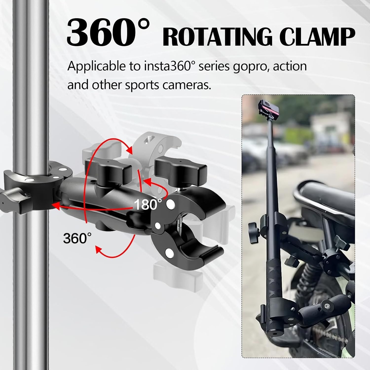 Actiecamerahouder voor motorfiets en fiets, zwart, compatibel met Insta360 X4/X3/X2/X RS/GO 3 en GoPro (13/12/11/10/9/8/7), 1/4 inch schroefdraad