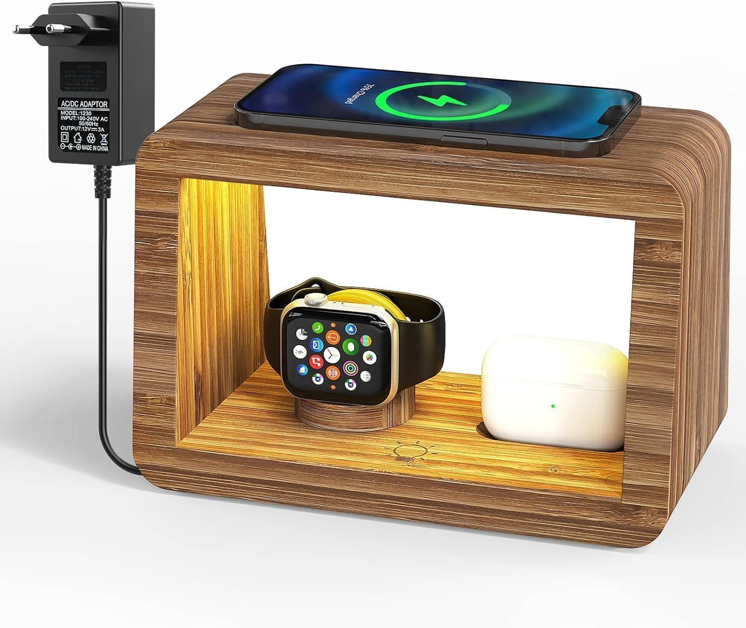 draadloos laadstation, 15 W, snelle draadloze oplader, nachtlampje met 3 kleuren en instelbare helderheid, laadstation voor iPhones/Air Podes Pro/iWatches