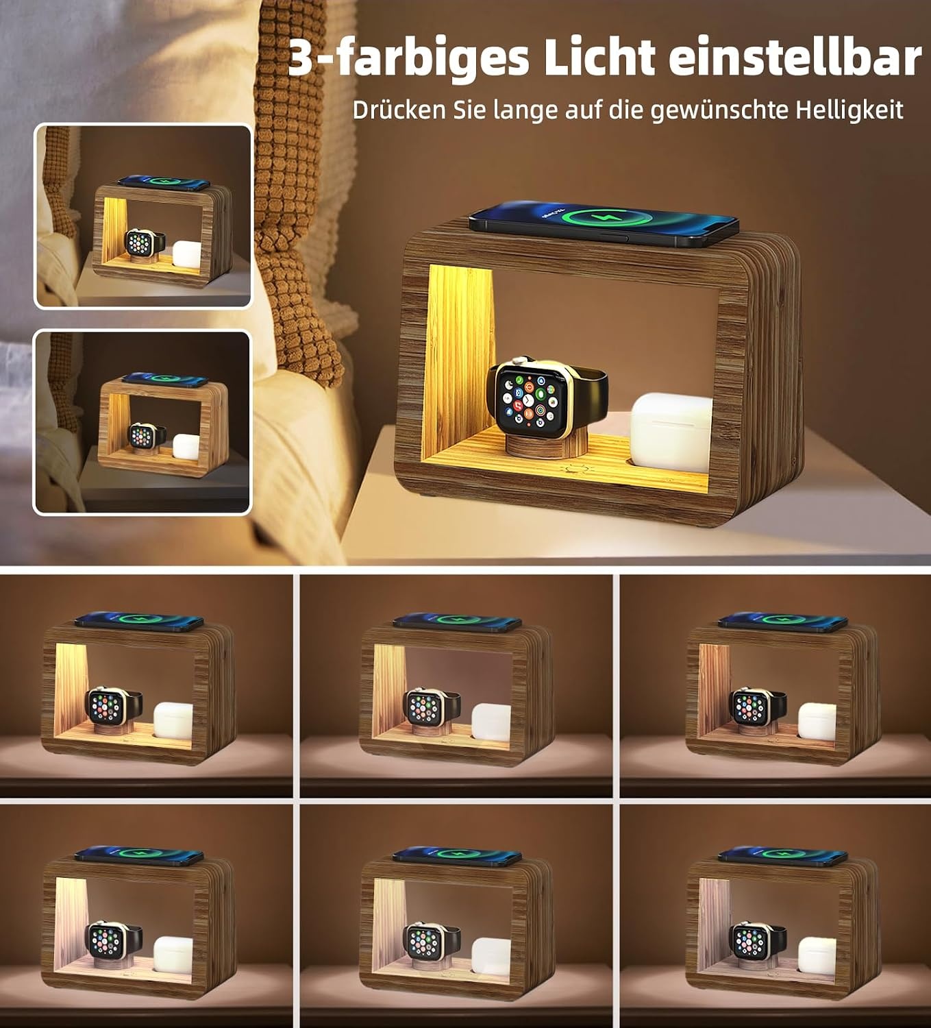 draadloos laadstation, 15 W, snelle draadloze oplader, nachtlampje met 3 kleuren en instelbare helderheid, laadstation voor iPhones/Air Podes Pro/iWatches