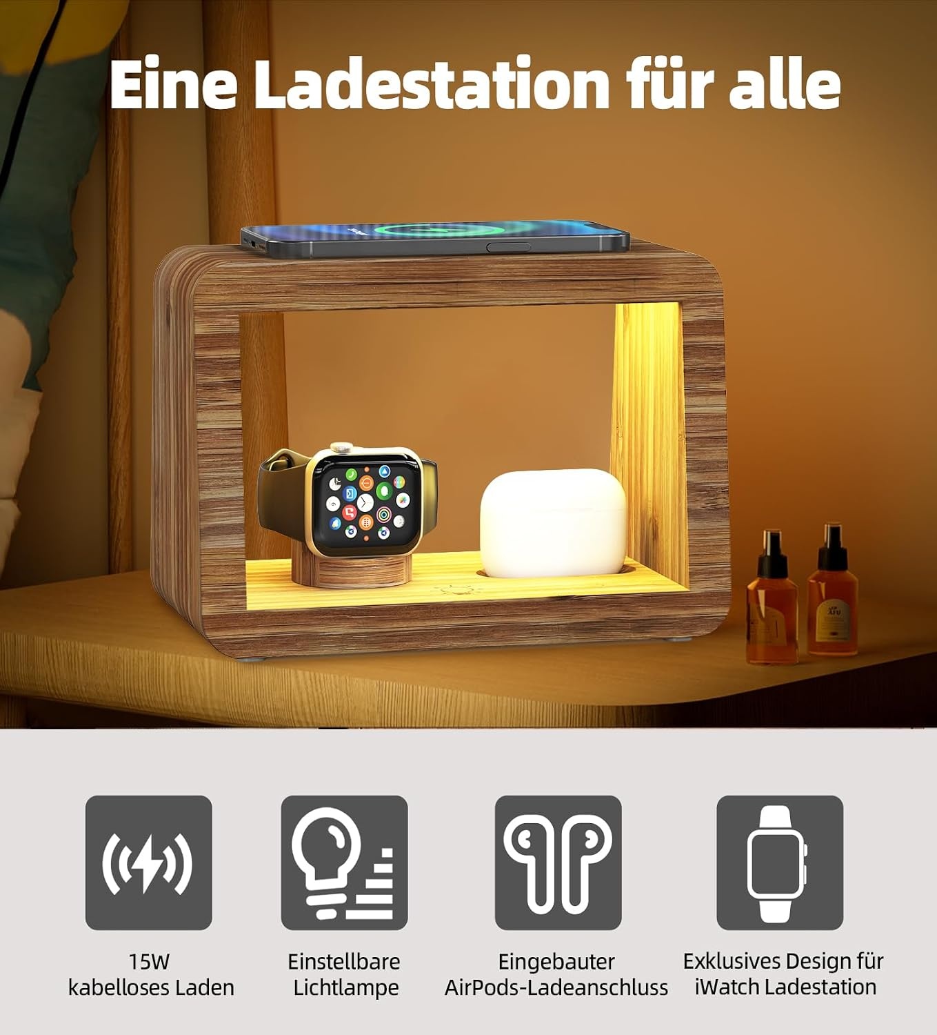 draadloos laadstation, 15 W, snelle draadloze oplader, nachtlampje met 3 kleuren en instelbare helderheid, laadstation voor iPhones/Air Podes Pro/iWatches
