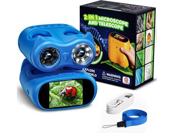 Ashfly Microscoop voor kinderen en Telescoop voor kinderen, 1000x USB, 2-in-1 draagbare zakmicroscoop, 4K 2.0 inch scherm, 10-voudige vergroting, wetenschap buiten vanaf 3 jaar (blauw)