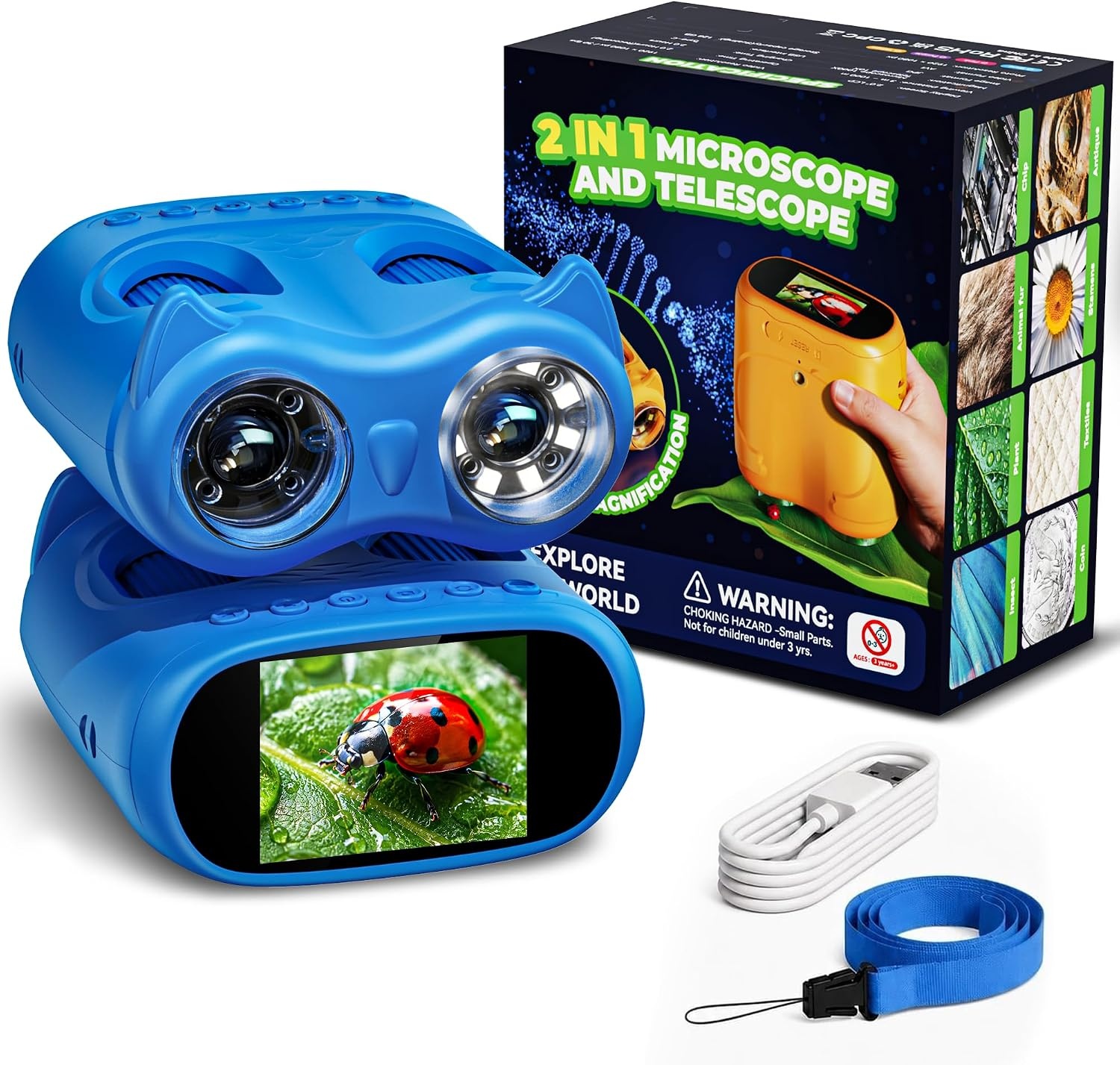 Ashfly Microscoop voor kinderen en Telescoop voor kinderen, 1000x USB, 2-in-1 draagbare zakmicroscoop, 4K 2.0 inch scherm, 10-voudige vergroting, wetenschap buiten vanaf 3 jaar (blauw)
