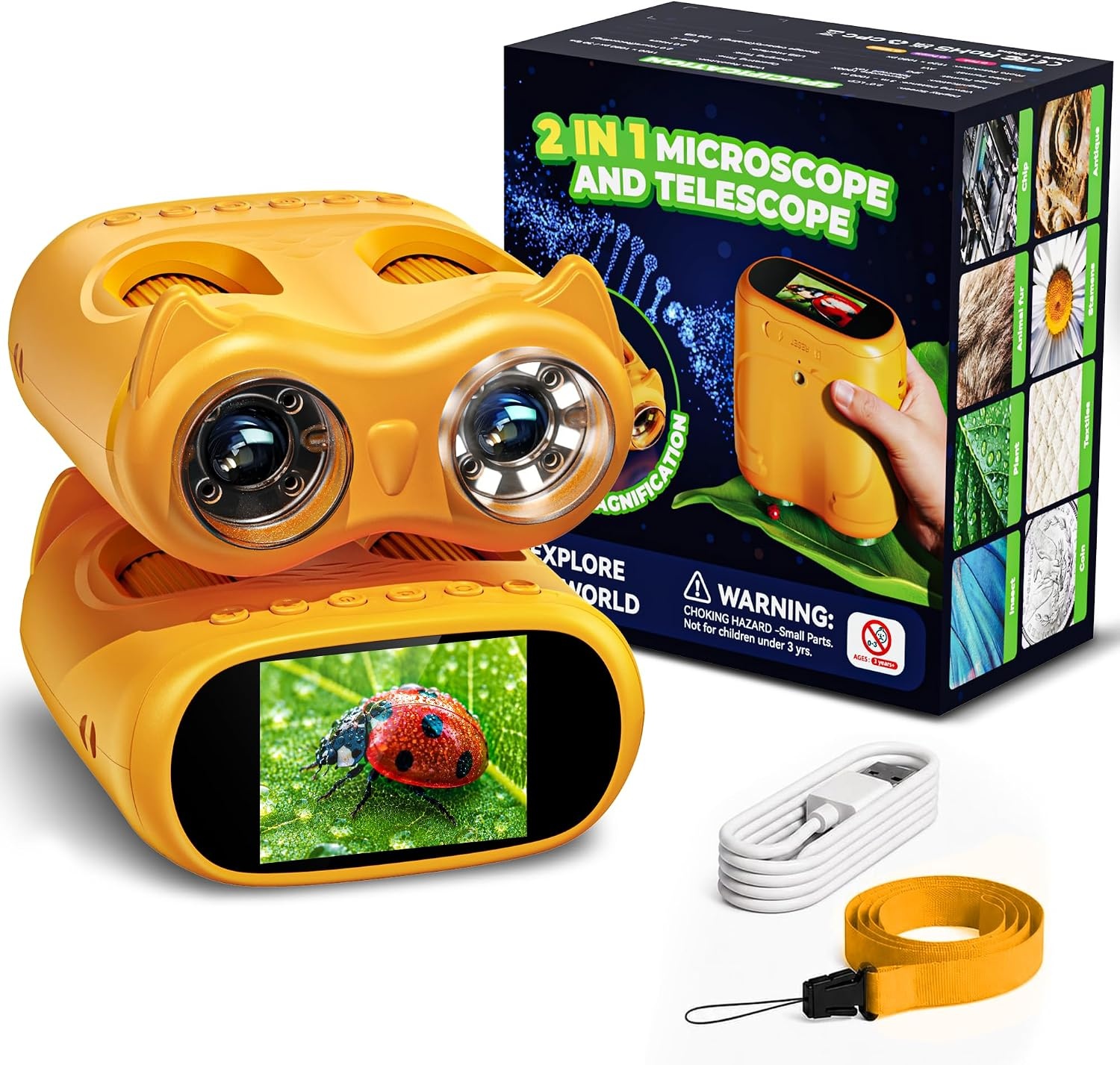 Ashfly Microscoop voor kinderen en Telescoop voor kinderen, 1000x USB, 2-in-1 draagbare zakmicroscoop, 4K 2.0 inch scherm, 10-voudige vergroting, wetenschap buiten vanaf 3 jaar (blauw)