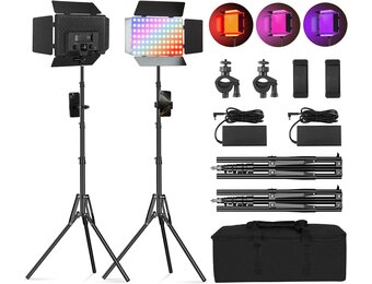 Soonpho 2 stuks videolicht LED RGB paneel met roosterdeur 2500-8500K dimbaar 20W fotografie studio licht met 1,6 m statief standaard en mobiele telefoonhouder voor video Youtube Live