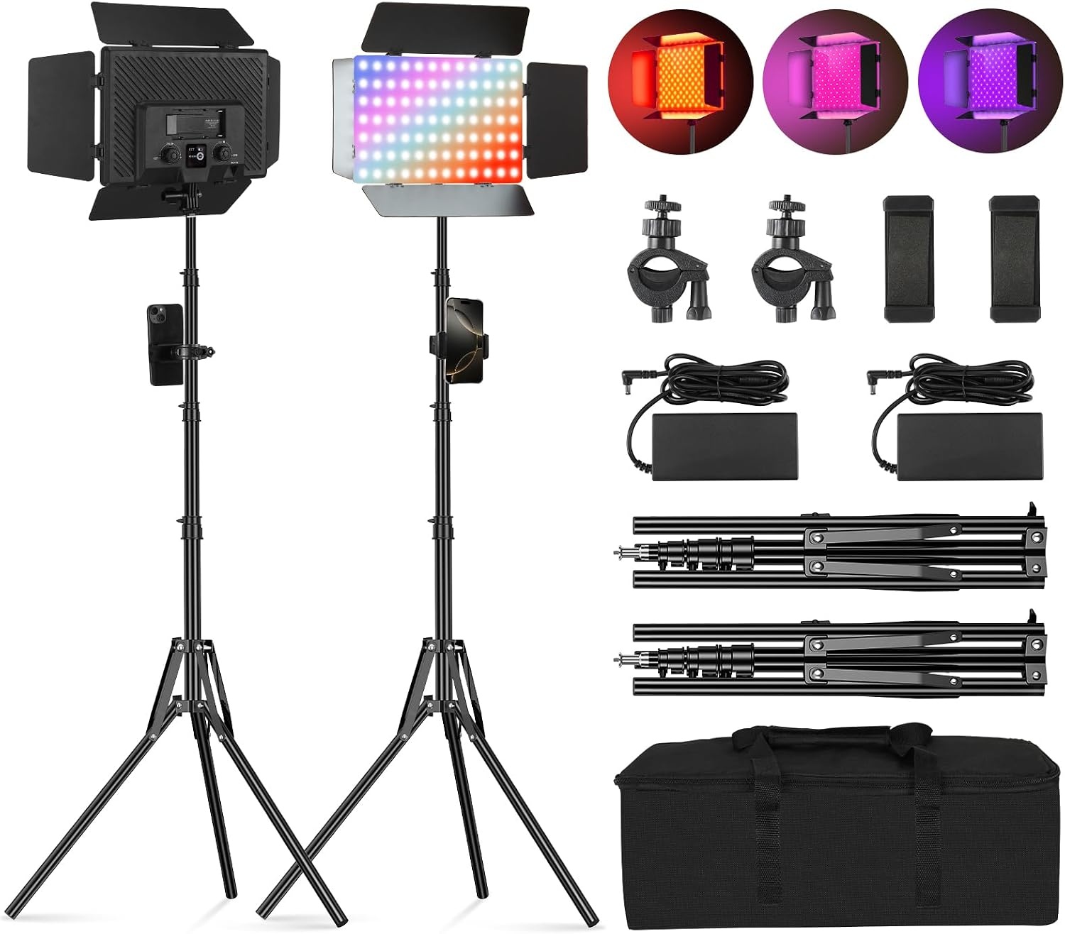 Soonpho 2 stuks videolicht LED RGB paneel met roosterdeur 2500-8500K dimbaar 20W fotografie studio licht met 1,6 m statief standaard en mobiele telefoonhouder voor video Youtube Live