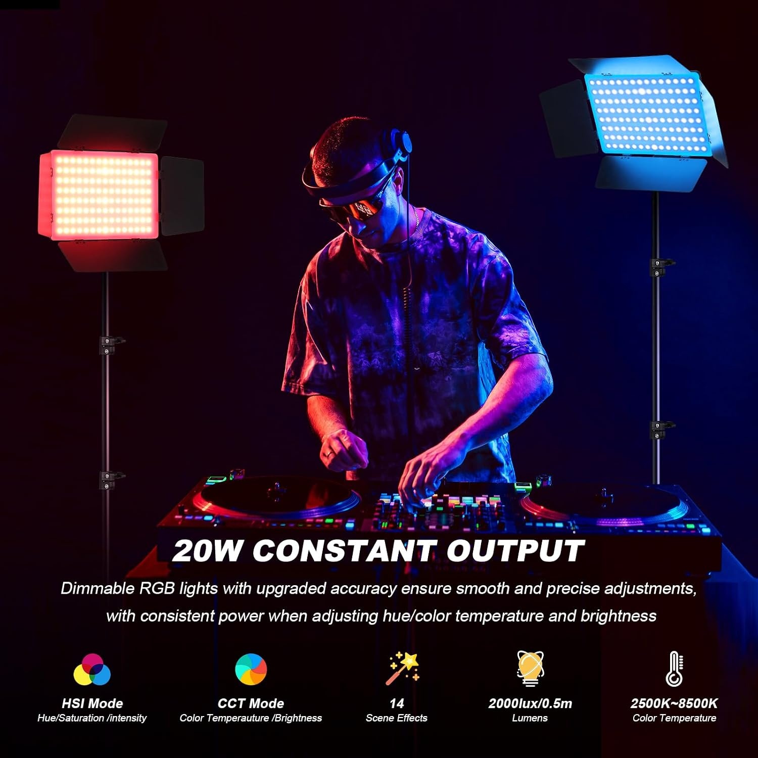 Soonpho 2 stuks videolicht LED RGB paneel met roosterdeur 2500-8500K dimbaar 20W fotografie studio licht met 1,6 m statief standaard en mobiele telefoonhouder voor video Youtube Live