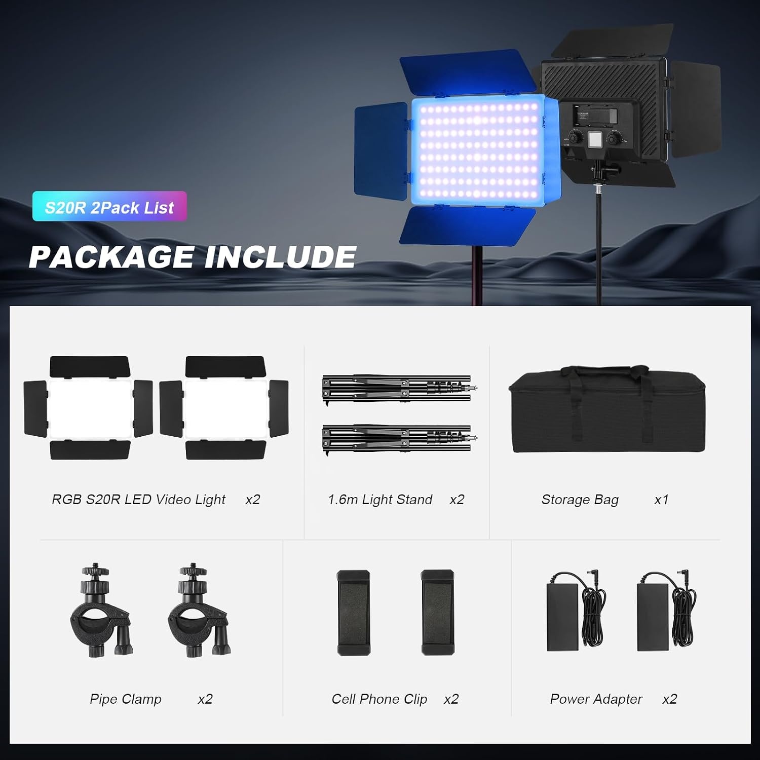 Soonpho 2 stuks videolicht LED RGB paneel met roosterdeur 2500-8500K dimbaar 20W fotografie studio licht met 1,6 m statief standaard en mobiele telefoonhouder voor video Youtube Live