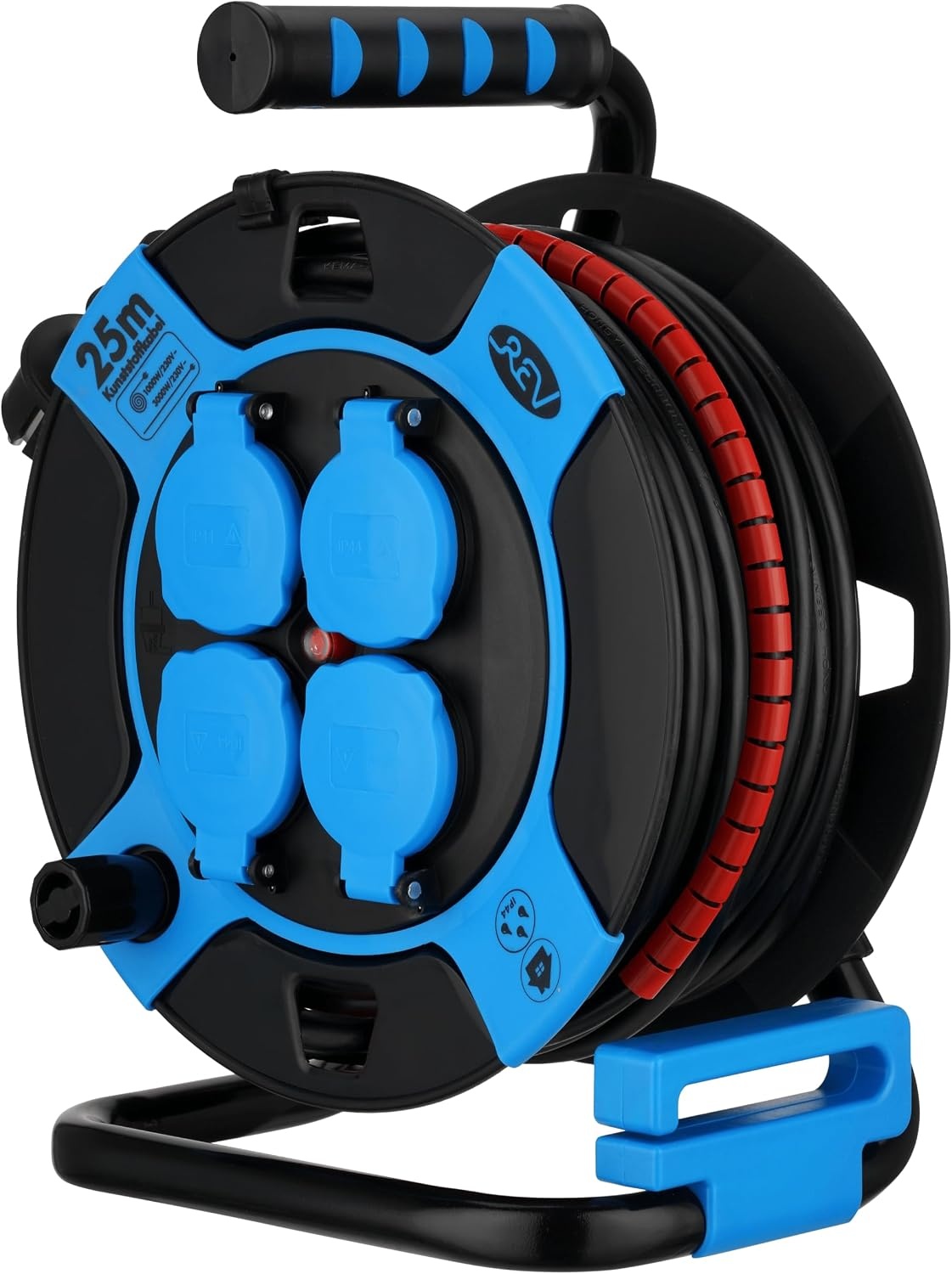 REV Kabelhaspel 25 meter - Met kabelbescherming en 4 stopcontacten - Blauw