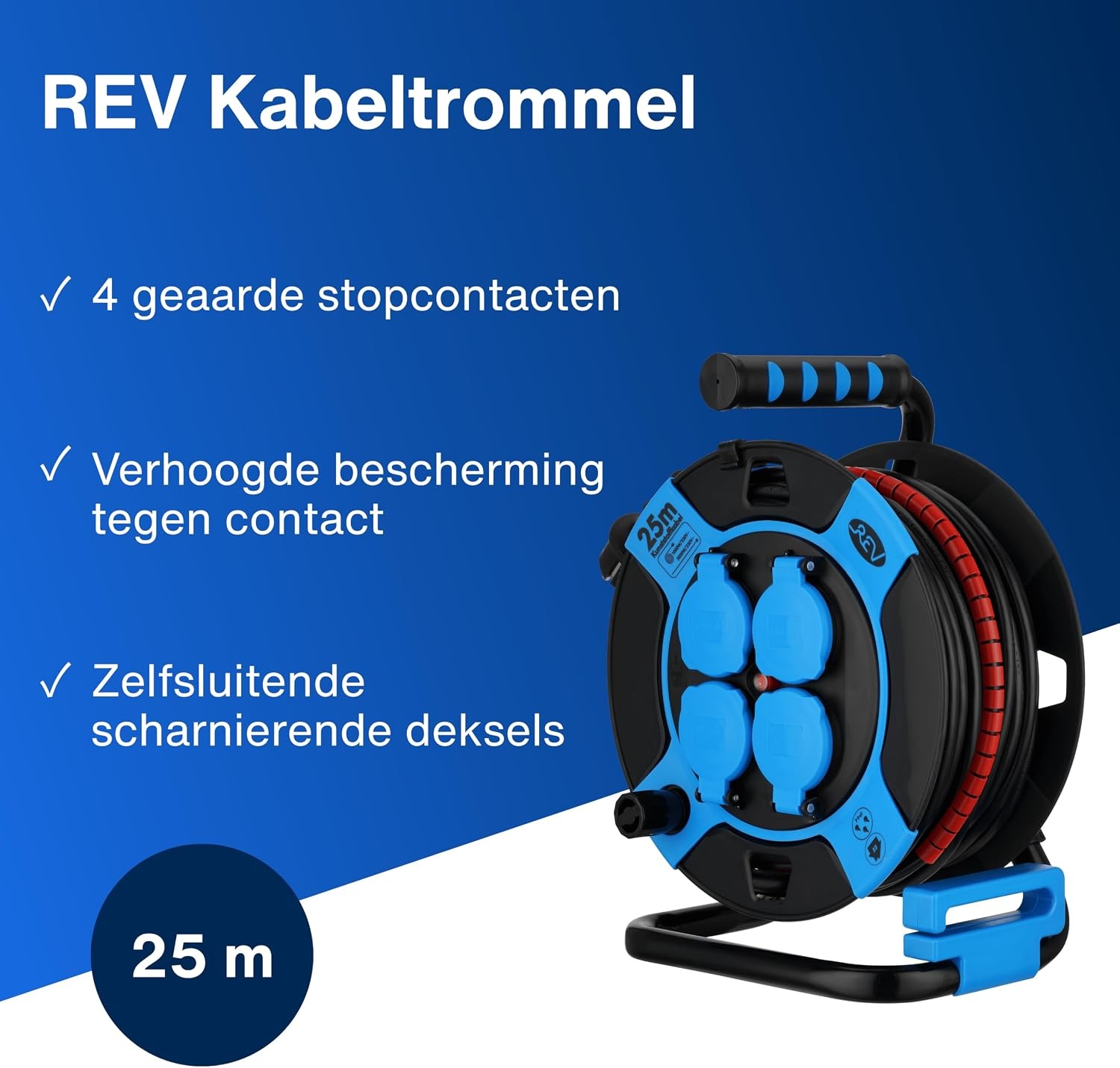 REV Kabelhaspel 25 meter - Met kabelbescherming en 4 stopcontacten - Blauw