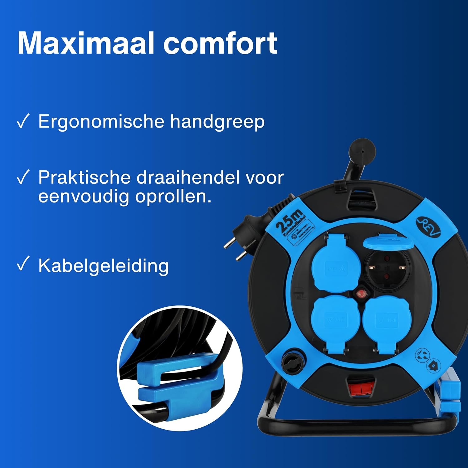 REV Kabelhaspel 25 meter - Met kabelbescherming en 4 stopcontacten - Blauw