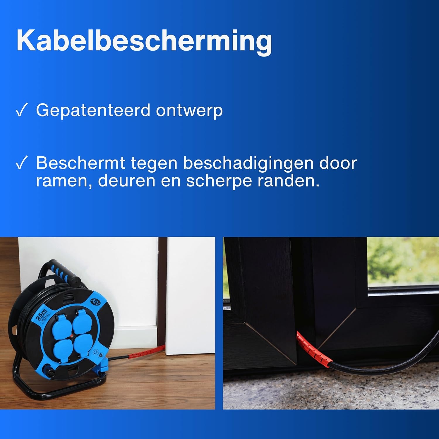 REV Kabelhaspel 25 meter - Met kabelbescherming en 4 stopcontacten - Blauw