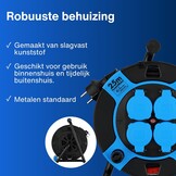 REV Kabelhaspel 25 meter - Met kabelbescherming en 4 stopcontacten - Blauw