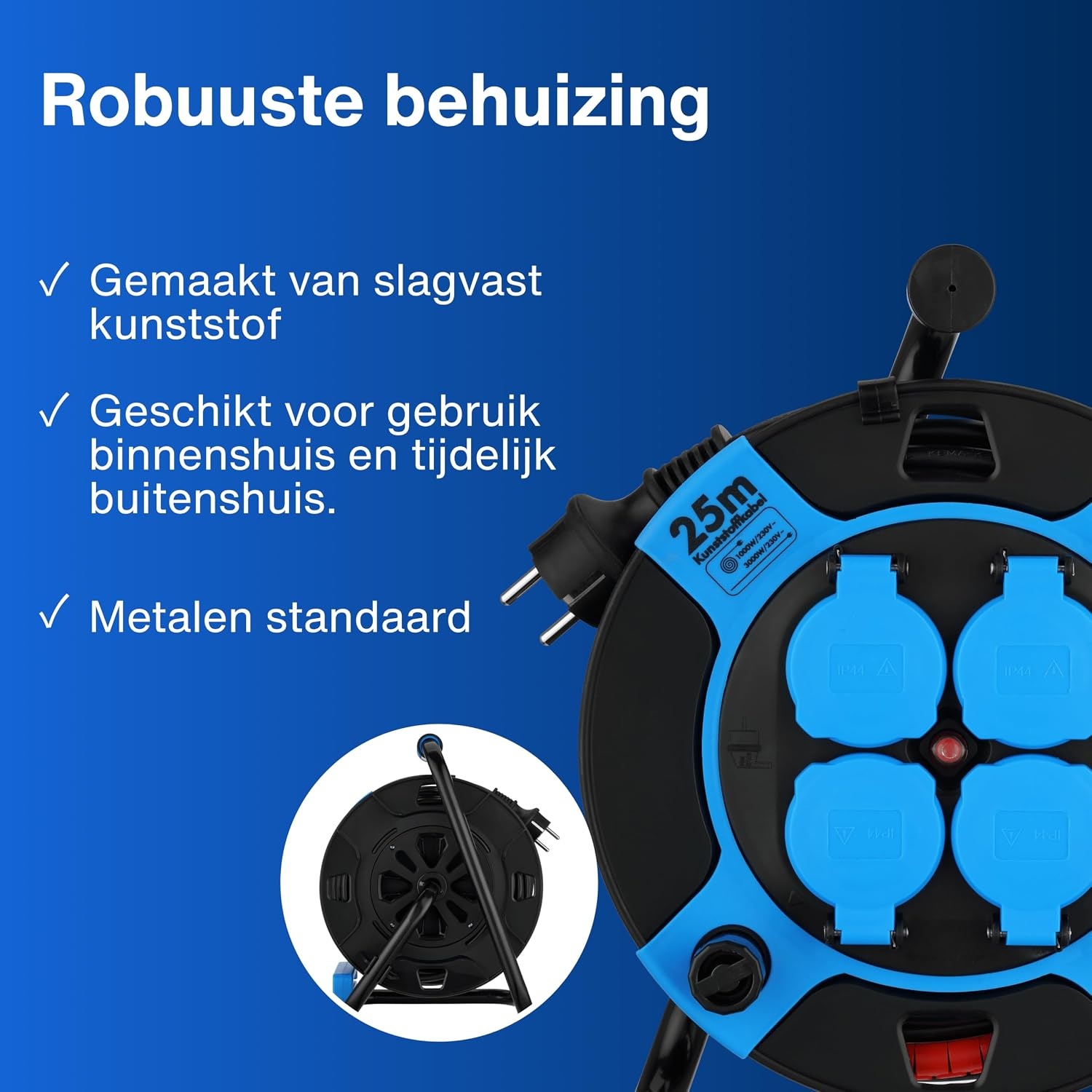 REV Kabelhaspel 25 meter - Met kabelbescherming en 4 stopcontacten - Blauw