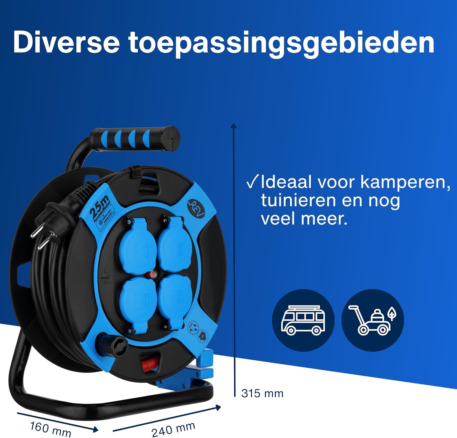 REV Kabelhaspel 25 meter - Met kabelbescherming en 4 stopcontacten - Blauw