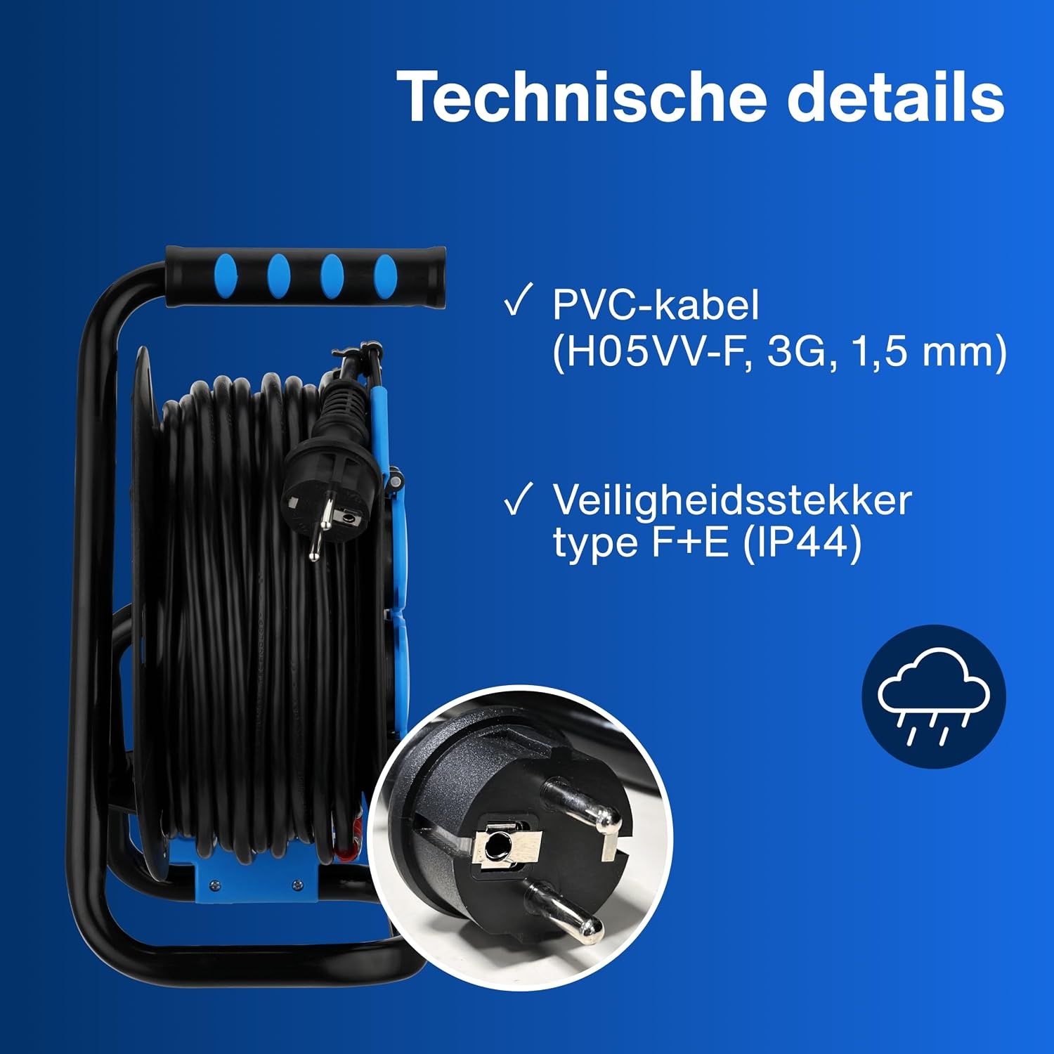 REV Kabelhaspel 25 meter - Met kabelbescherming en 4 stopcontacten - Blauw