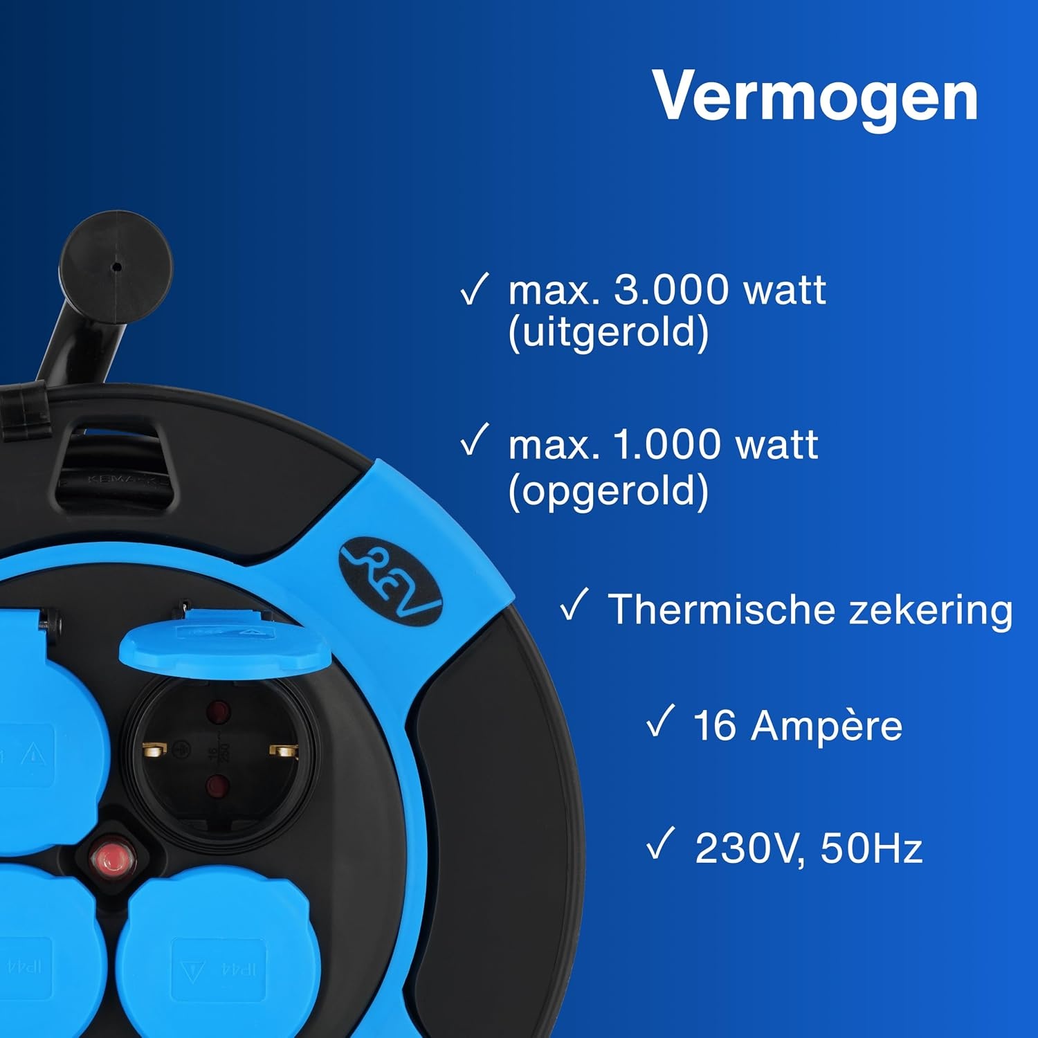 REV Kabelhaspel 25 meter - Met kabelbescherming en 4 stopcontacten - Blauw