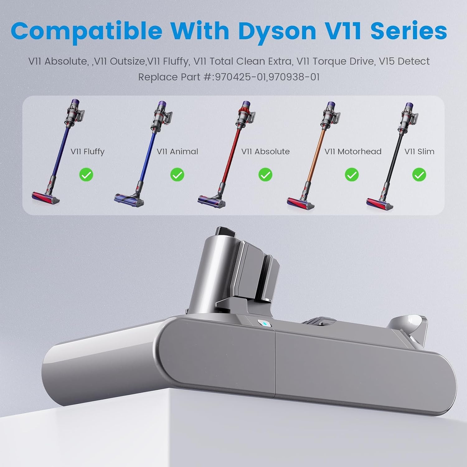 Klickstil SV15 3900mAh V11 accu voor Dyson, met oplader, ASUNCELL reserveaccu voor V11 Torque Drive, Outsize, Absolute, Extra, V15, Detect Absolute, Extra, SV15, SV16, SV22, handheld accustofzuiger