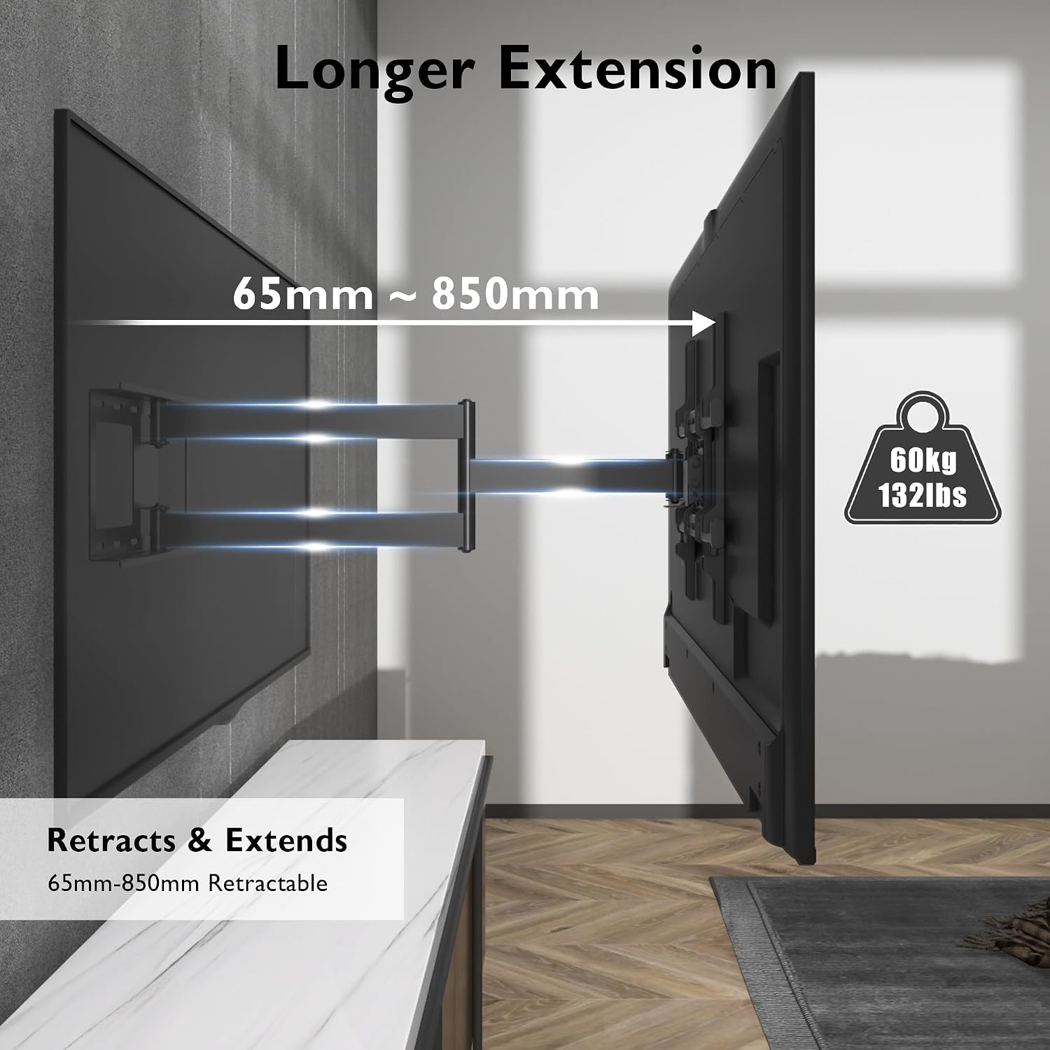BONTEC TV-Muurbeugel met 850 mm Extra Lange Scharnierarm voor 32-70 Inch LCD/LED/OLED-TV's tot 60 kg, Kantelbaar, Zwenkbaar, Draaibaar, Max. VESA 400x400mm - Maat Verlengbaar 850 mm