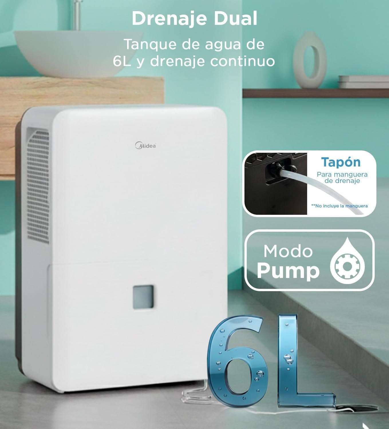 MIDEA Industriële luchtontvochtiger met grote inhoud van 50 l, voor luchtvochtigheid binnenshuis tot 112 m²/300 m³, luchtontvochtiger voor grote ruimtes met uitneembare tank, laag stroomverbruik