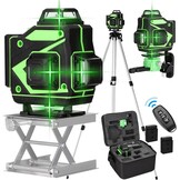 Cross Line Laser, 4 x 360° zelfnivellerende groene laserwaterpas, 4D-rotatielaser met 16 lijnen, zelfnivellerend met 2 batterijen, in hoogte verstelbare verlengstangstatief