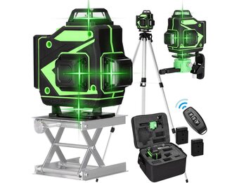 Cross Line Laser, 4 x 360° zelfnivellerende groene laserwaterpas, 4D-rotatielaser met 16 lijnen, zelfnivellerend met 2 batterijen, in hoogte verstelbare verlengstangstatief