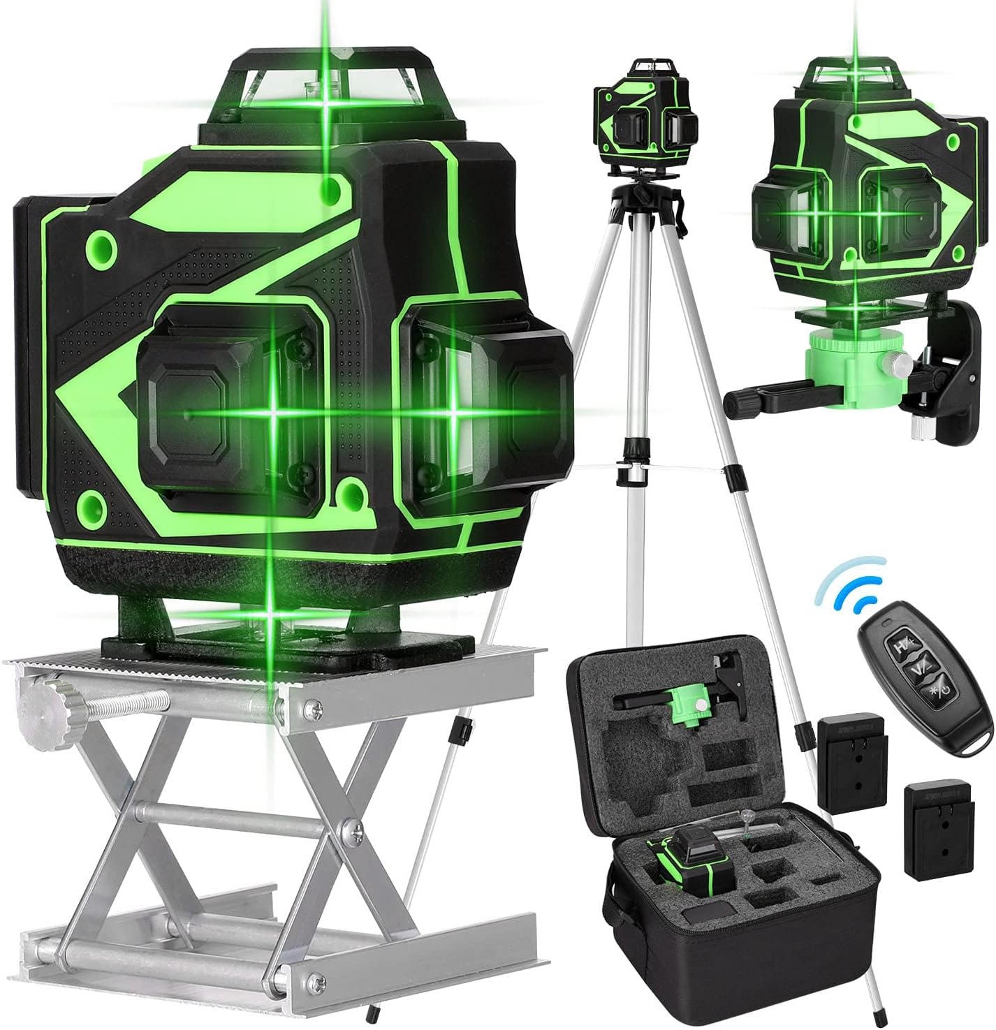 Cross Line Laser, 4 x 360° zelfnivellerende groene laserwaterpas, 4D-rotatielaser met 16 lijnen, zelfnivellerend met 2 batterijen, in hoogte verstelbare verlengstangstatief
