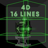 Cross Line Laser, 4 x 360° zelfnivellerende groene laserwaterpas, 4D-rotatielaser met 16 lijnen, zelfnivellerend met 2 batterijen, in hoogte verstelbare verlengstangstatief