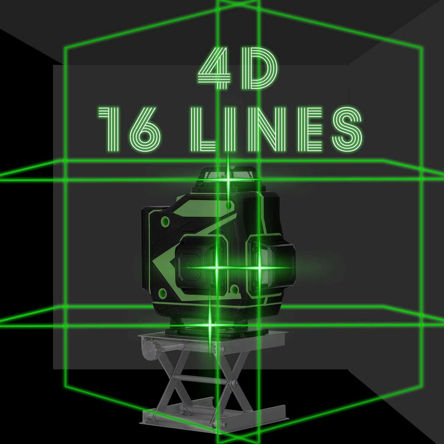 Cross Line Laser, 4 x 360° zelfnivellerende groene laserwaterpas, 4D-rotatielaser met 16 lijnen, zelfnivellerend met 2 batterijen, in hoogte verstelbare verlengstangstatief