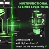 Cross Line Laser, 4 x 360° zelfnivellerende groene laserwaterpas, 4D-rotatielaser met 16 lijnen, zelfnivellerend met 2 batterijen, in hoogte verstelbare verlengstangstatief