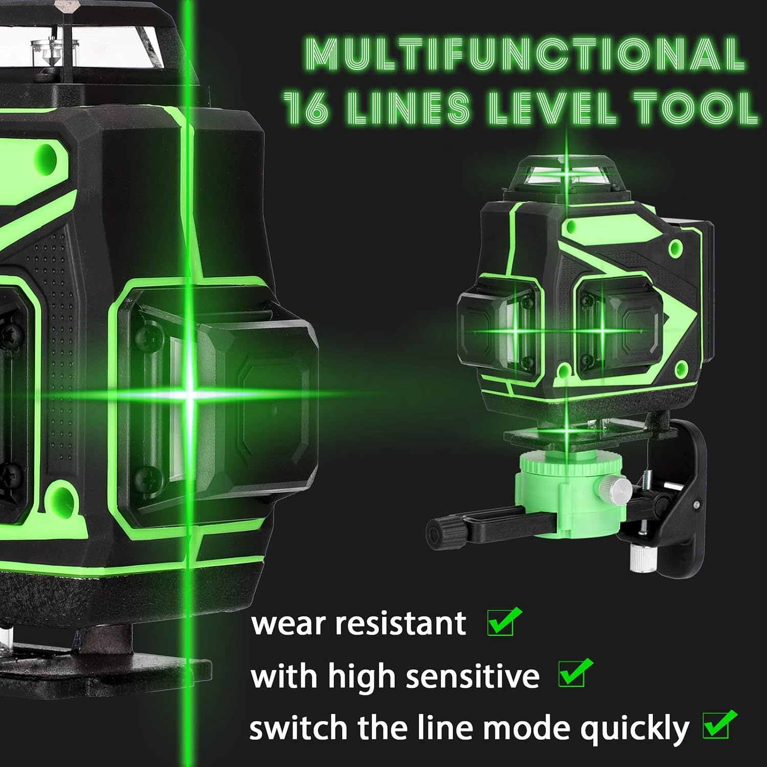 Cross Line Laser, 4 x 360° zelfnivellerende groene laserwaterpas, 4D-rotatielaser met 16 lijnen, zelfnivellerend met 2 batterijen, in hoogte verstelbare verlengstangstatief