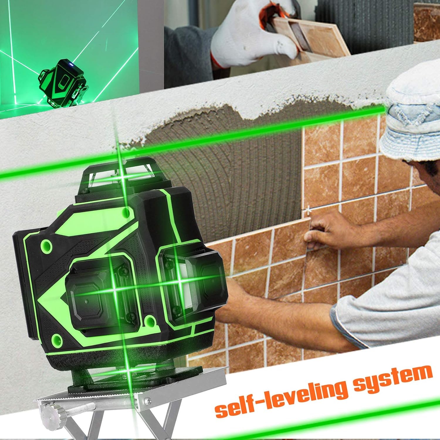 Cross Line Laser, 4 x 360° zelfnivellerende groene laserwaterpas, 4D-rotatielaser met 16 lijnen, zelfnivellerend met 2 batterijen, in hoogte verstelbare verlengstangstatief