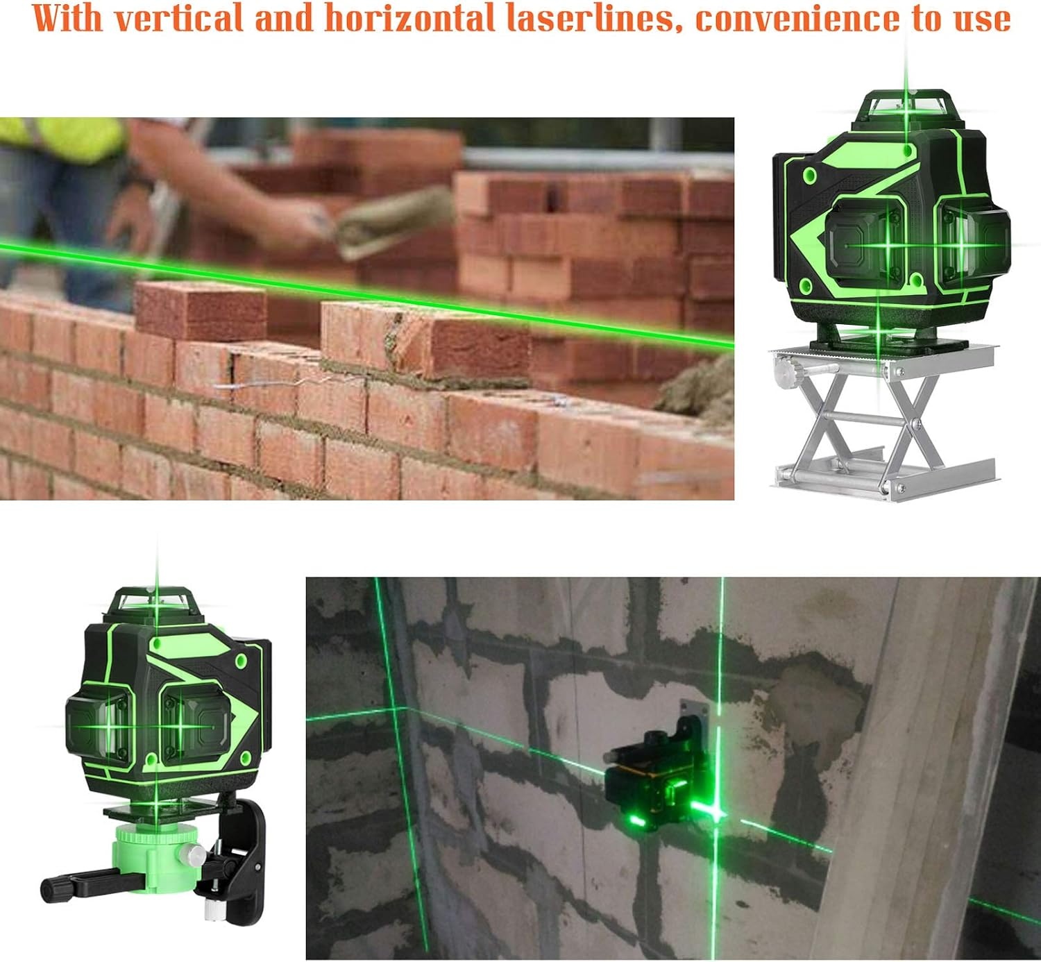 Cross Line Laser, 4 x 360° zelfnivellerende groene laserwaterpas, 4D-rotatielaser met 16 lijnen, zelfnivellerend met 2 batterijen, in hoogte verstelbare verlengstangstatief