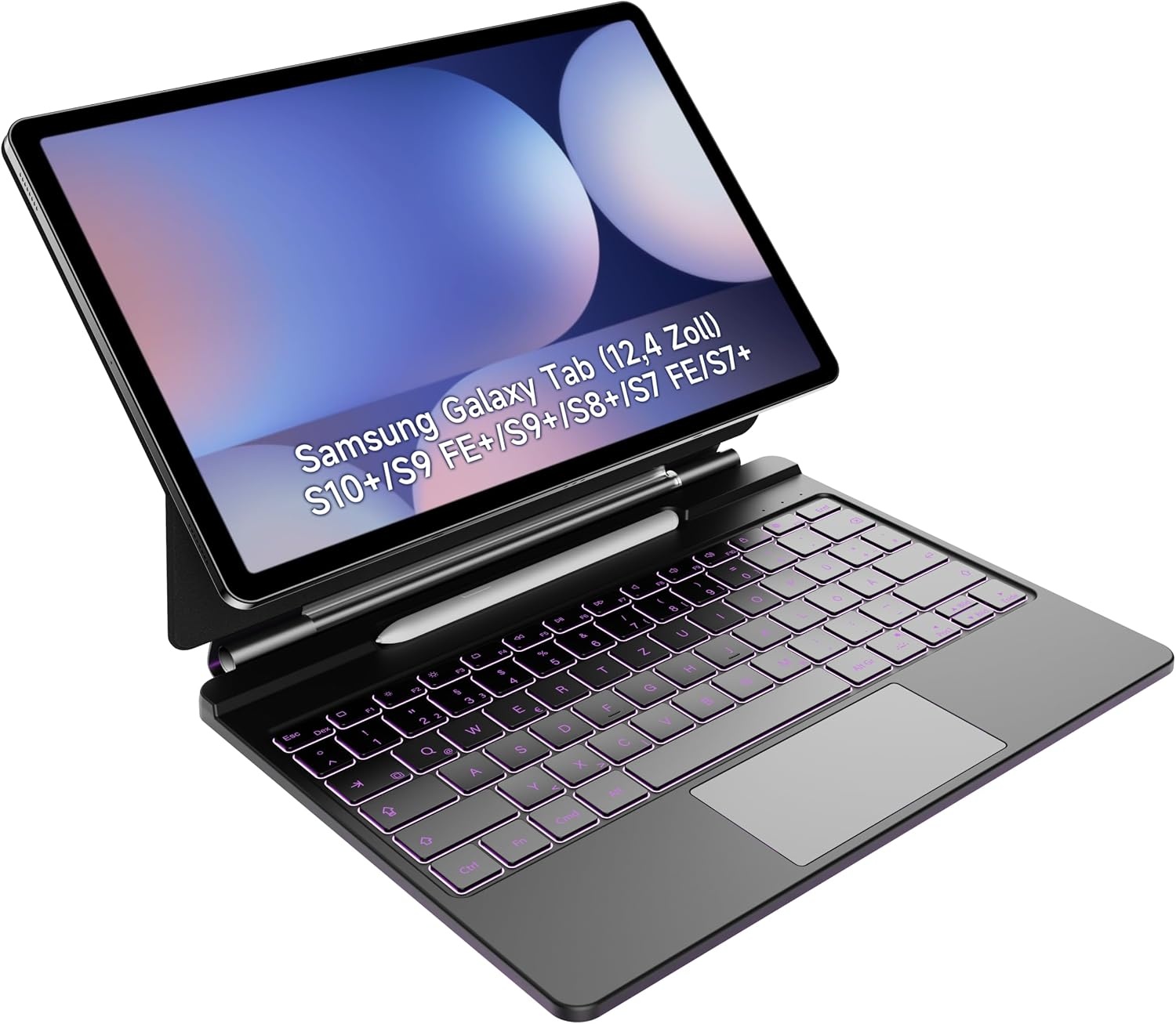 HOU Toetsenbordhoes voor Samsung Galaxy Tab S10+/S9 FE+/S9+/S8+/S7 FE/S7+ (12,4 inch) met magneetstandaard, multi-touch-trackpad, S-penhouder, 7 kleuren, 3 niveaus, achtergrondverlichting,