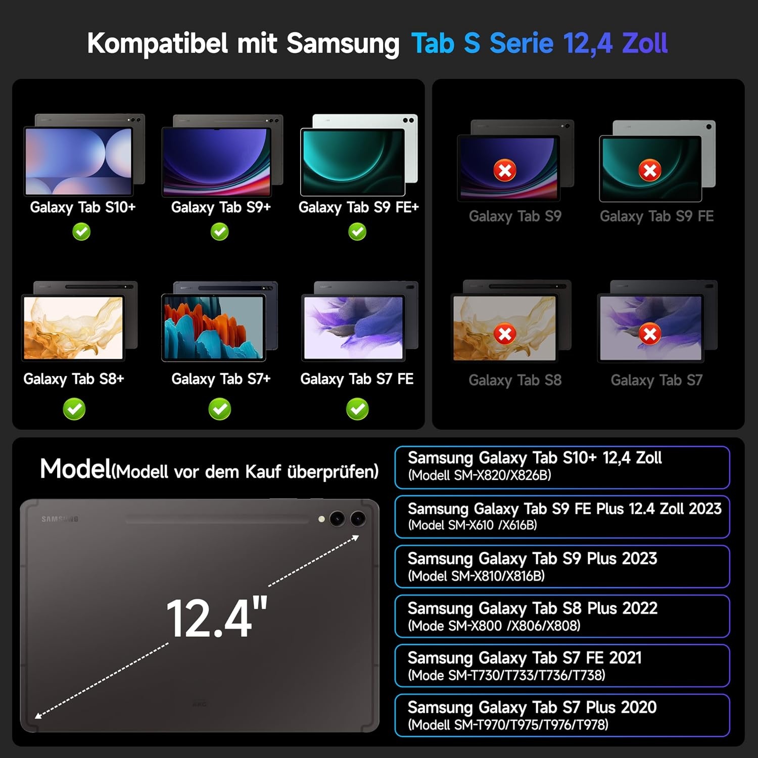 HOU Toetsenbordhoes voor Samsung Galaxy Tab S10+/S9 FE+/S9+/S8+/S7 FE/S7+ (12,4 inch) met magneetstandaard, multi-touch-trackpad, S-penhouder, 7 kleuren, 3 niveaus, achtergrondverlichting,