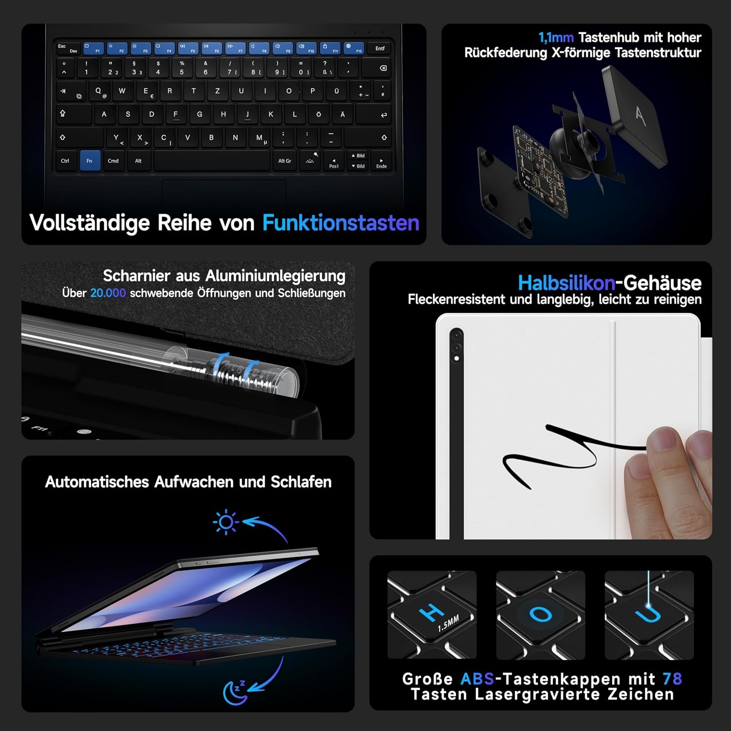 HOU Toetsenbordhoes voor Samsung Galaxy Tab S10+/S9 FE+/S9+/S8+/S7 FE/S7+ (12,4 inch) met magneetstandaard, multi-touch-trackpad, S-penhouder, 7 kleuren, 3 niveaus, achtergrondverlichting,