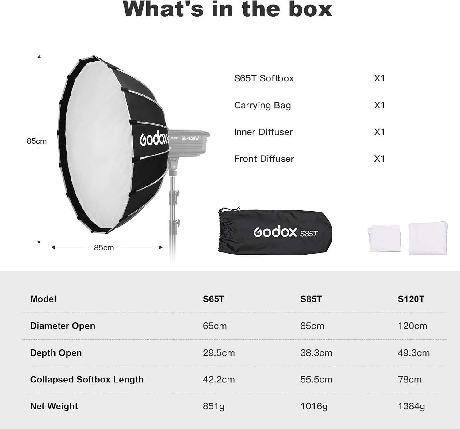 Godox S85T 85cm/33.5" Snelsluiting Scherm Softbox Paraplu Softbox Bowens Mount Diffuser Quick Release Compact met Tas en Zachte Doek voor Fotografie Speedlite Continous Light Monolight - Maat S85T/85cm
