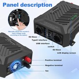 omvormer 12V naar 230V zuivere sinus 2000W/4000W Spanningsomvormer 12v 230v met 2 EU-stopcontacten, 1 Type-C poort, 2.1A USB-poort voor Vrachtwagens, Camping, Kamperen (48V/60V/72V-3000W)