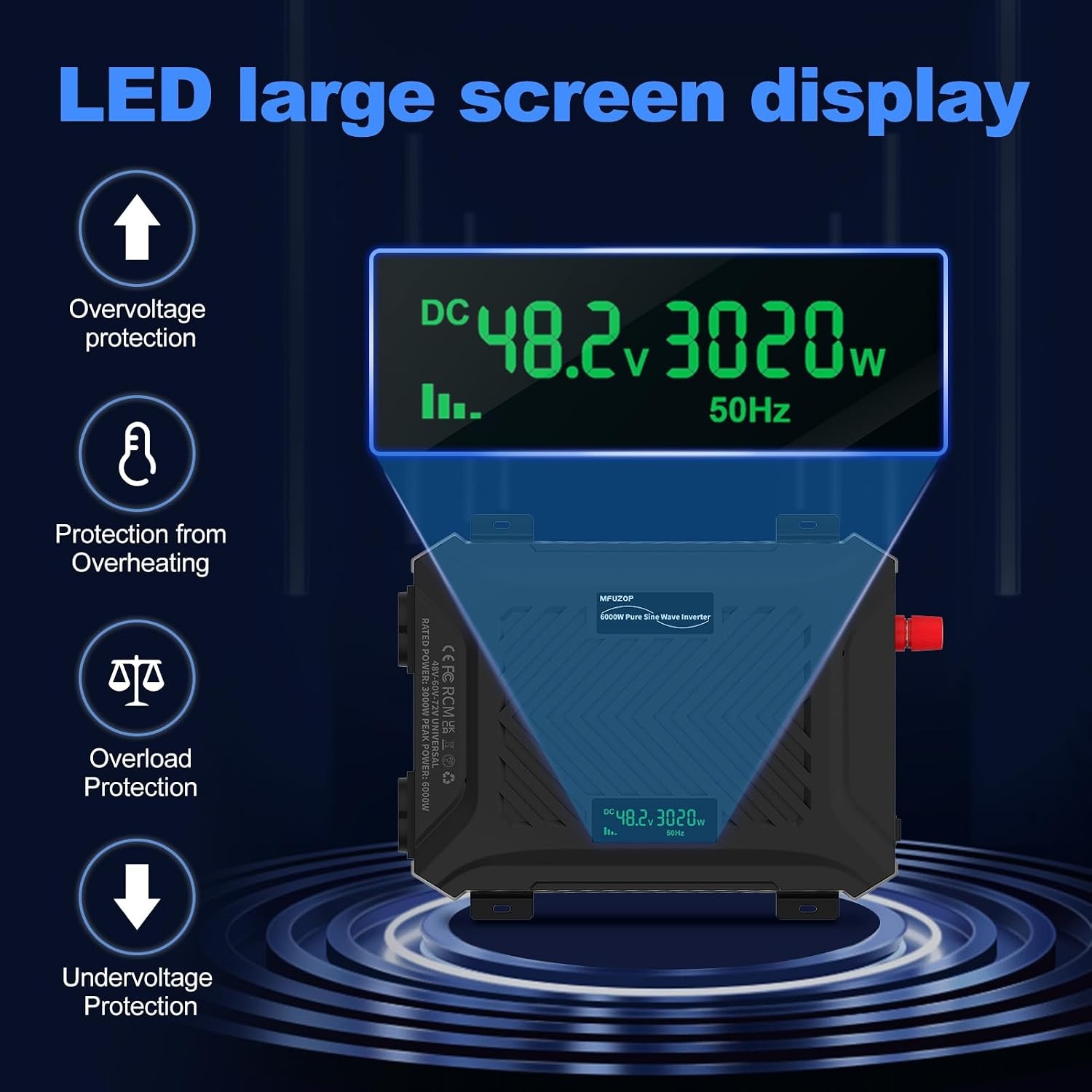 omvormer 12V naar 230V zuivere sinus 2000W/4000W Spanningsomvormer 12v 230v met 2 EU-stopcontacten, 1 Type-C poort, 2.1A USB-poort voor Vrachtwagens, Camping, Kamperen (48V/60V/72V-3000W)