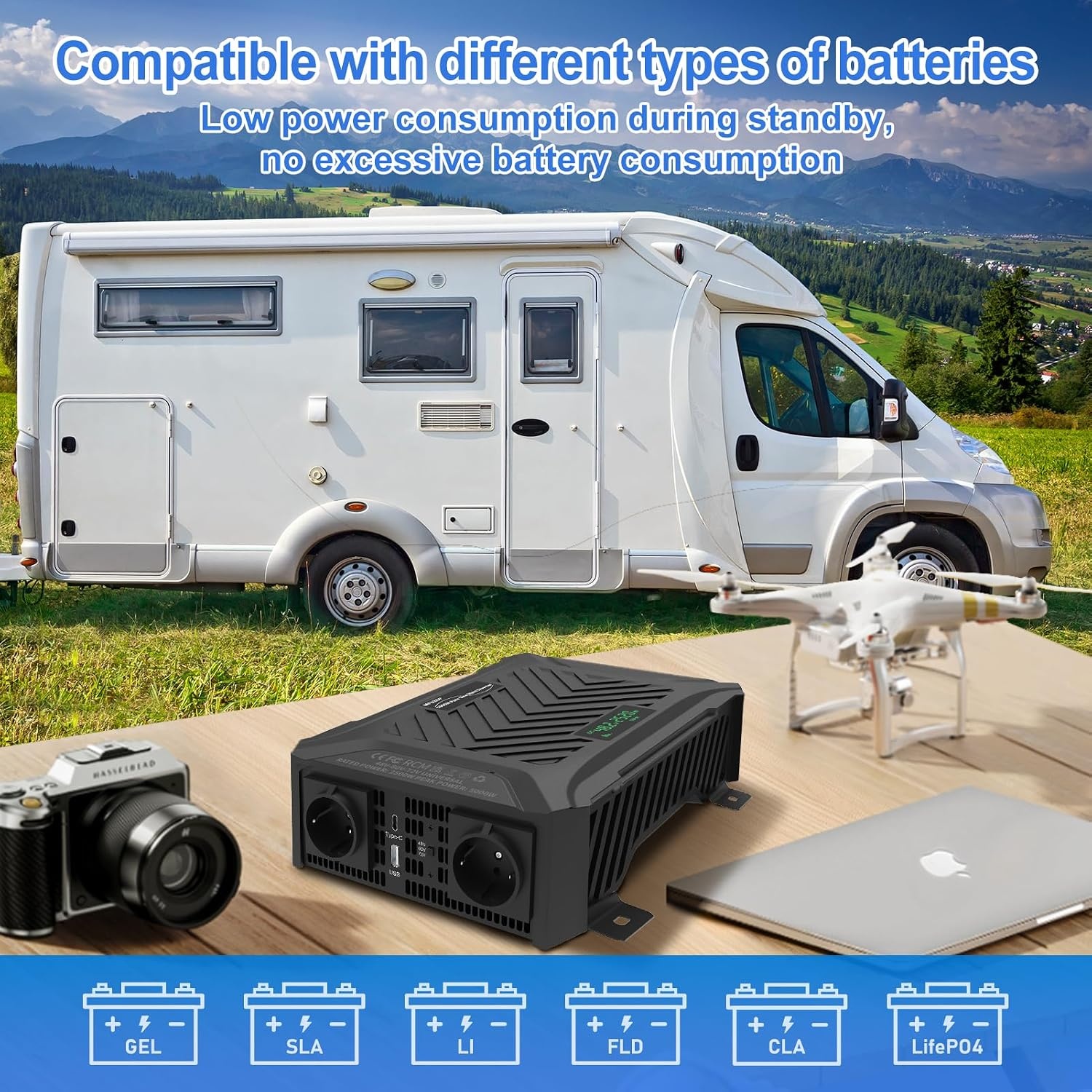 omvormer 12V naar 230V zuivere sinus 2000W/4000W Spanningsomvormer 12v 230v met 2 EU-stopcontacten, 1 Type-C poort, 2.1A USB-poort voor Vrachtwagens, Camping, Kamperen (48V/60V/72V-3000W)